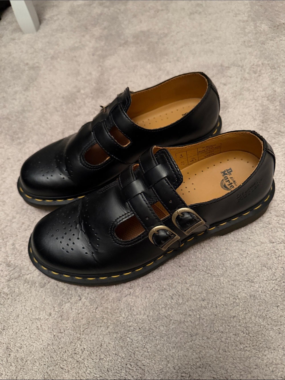 Dr. Martens Women’s Black Double-Buckle Mary Jane Shoes with Yellow Stitching - Picture 4 of 8